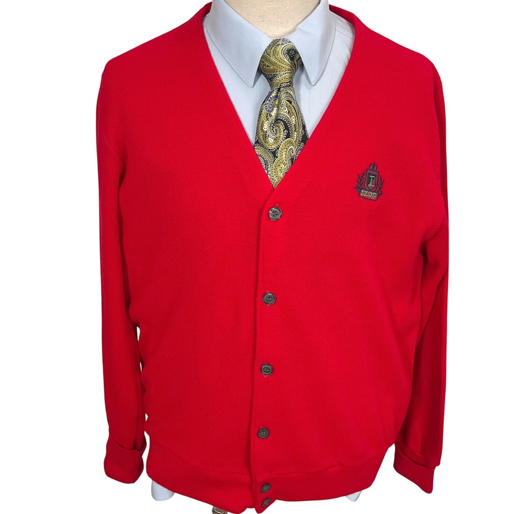 Vintage Izod Cardigan Mens Medium Red Scholarly Preppy Crest‎ Logo Sweater USA